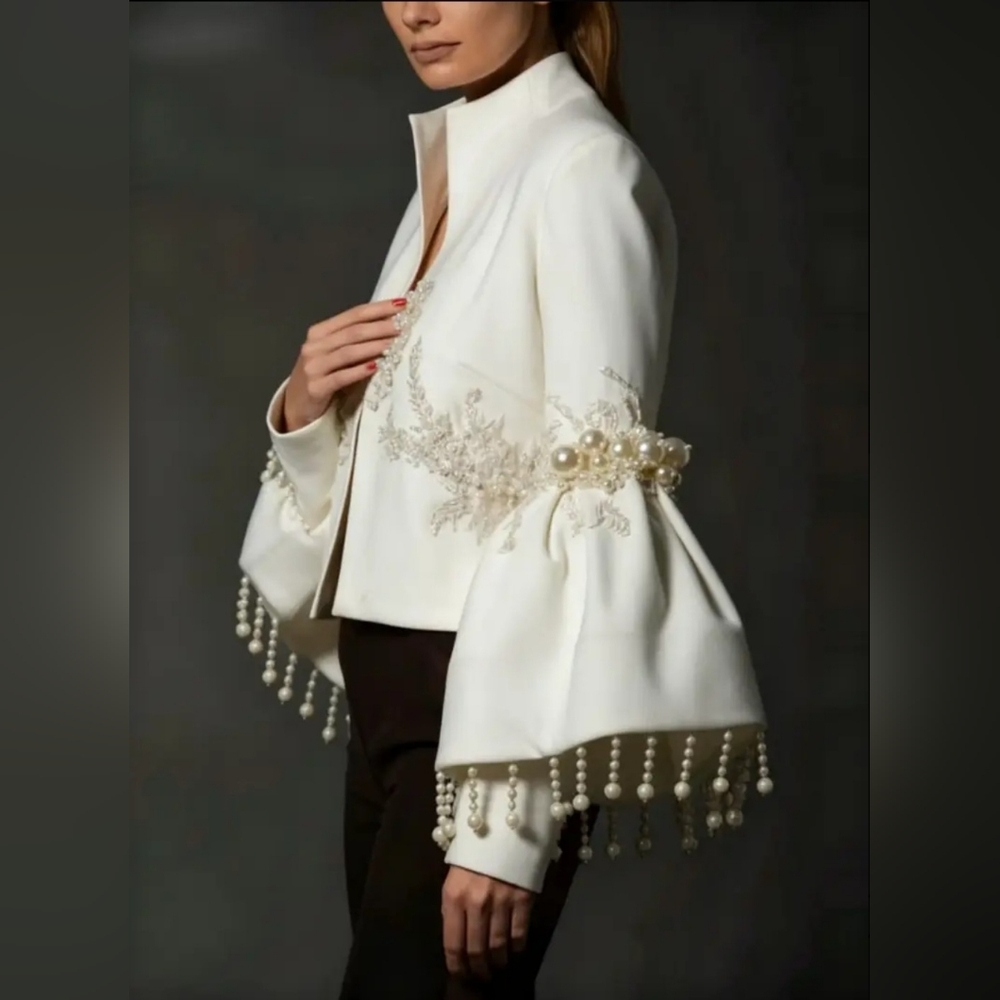 Elegant White Jacket with Pearl Embellishments - Picture 6 of 7